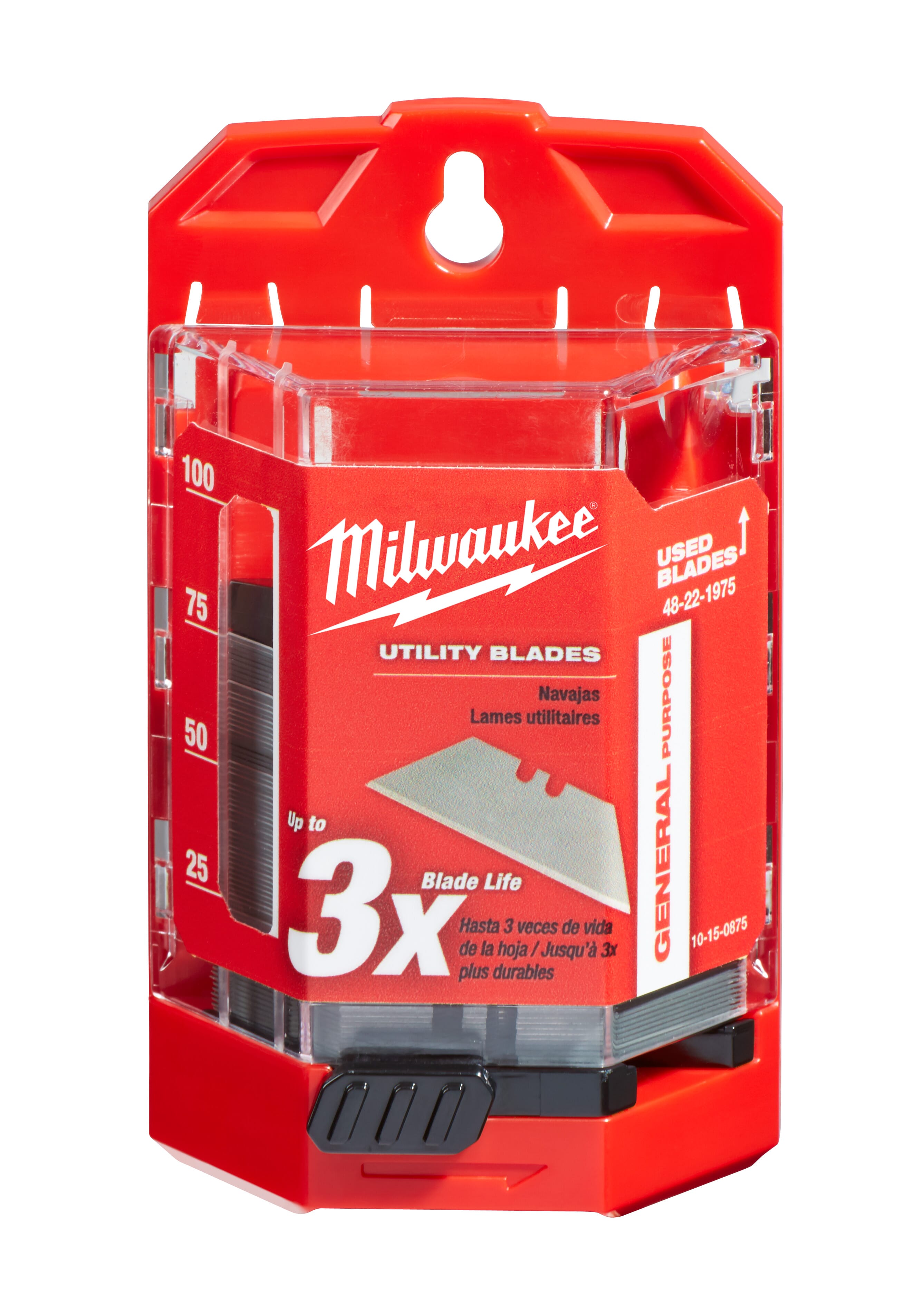 Milwaukee® 48-22-1975 75-Piece General Purpose Utility Blade With Dispenser, Micro Carbide Metal, Sharp Point/Straight Edge, 2-3/8 in L x 3/4 in W Blade, Compatible With: Milwaukee® Most Standard Utility Knives, 0.025 in THK